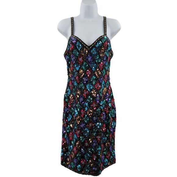 Dazzling Vintage Black Stretch Dress with Hand-Embroidered Multicolored Sequins - Picture 1 of 3